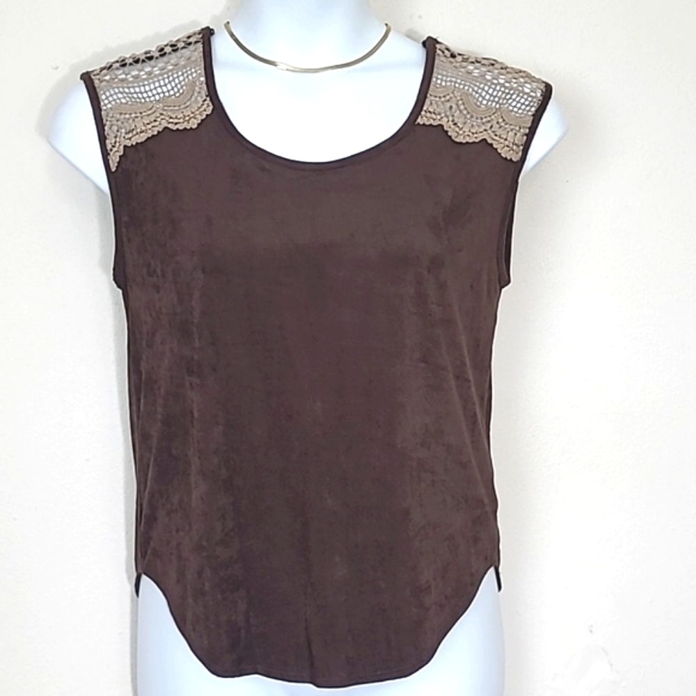 Tank top embroidered lace brown beige tan polymicro suede soft stretch wide stra